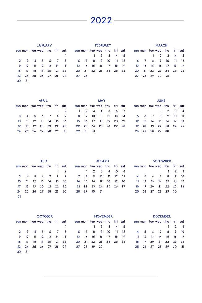 Calendario 2022 ambientado en un estilo estricto clásico. calendario de mesa de pared, diseño de negocio minimalista y restringido para cuaderno y planificador. la semana comienza el domingo vector