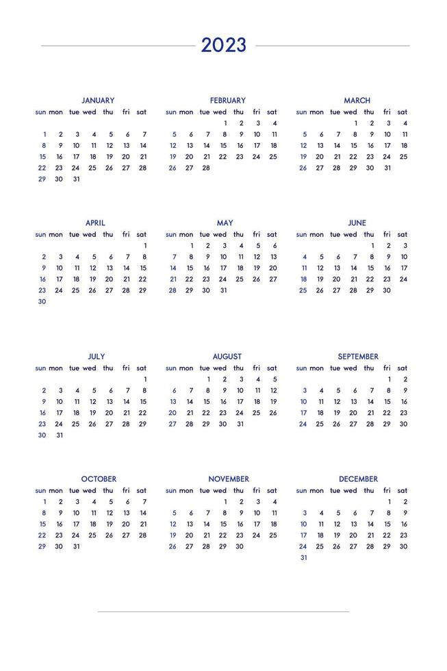 2023 calendar set in classic strict style. wall table calendar schedule, minimal restrained business design for notebook and planner. Week starts on sunday vector