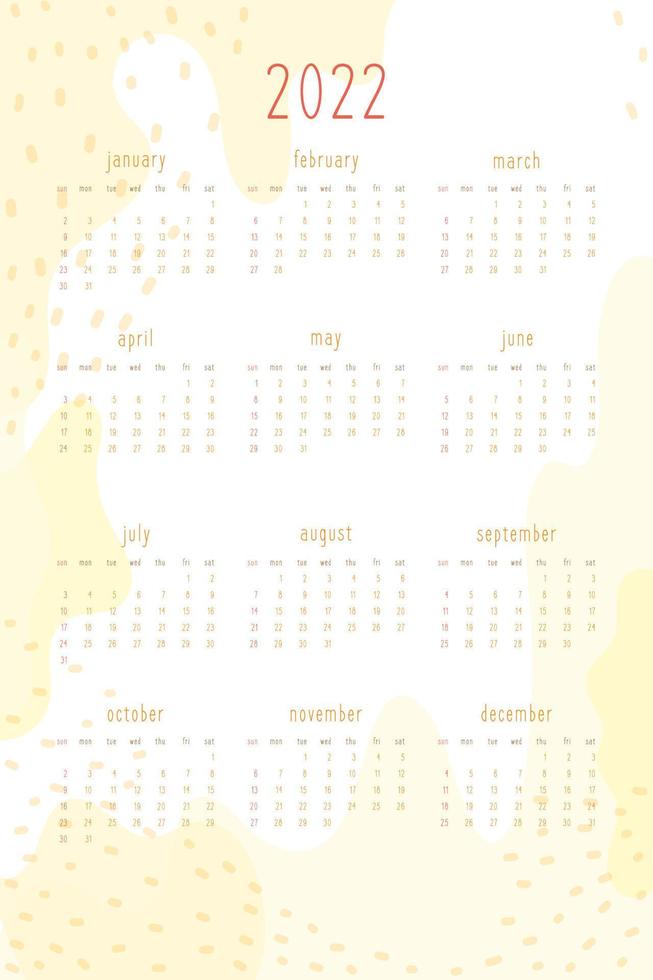 2022 calendar for personal planner and notebook. Warm yellow hand drawn abstract spots and dots, delicate tender cute style. Week starts on sunday vector