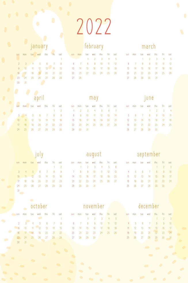 2022 calendar for personal planner and notebook. Warm yellow hand drawn abstract spots and dots, delicate tender cute style. Week starts on sunday vector