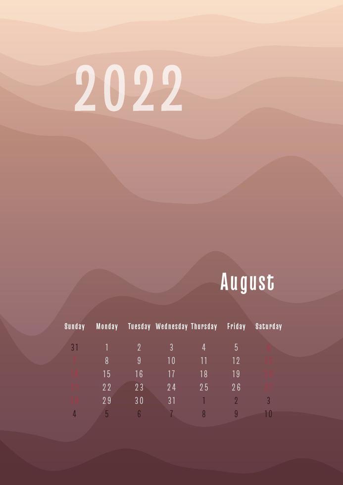 2022 august vertical calendar every month separately. monthly personal