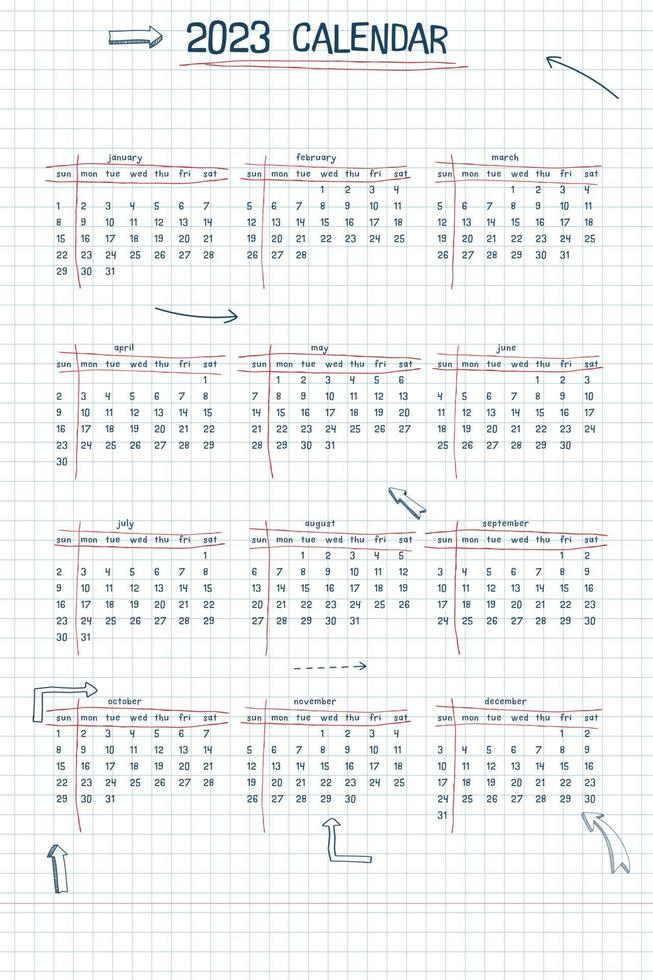 2023 calendar weekly planner and to do list. hand drawn font type text and elements, school note style, checkered notebook sheet with lineart arrows and frames. vector