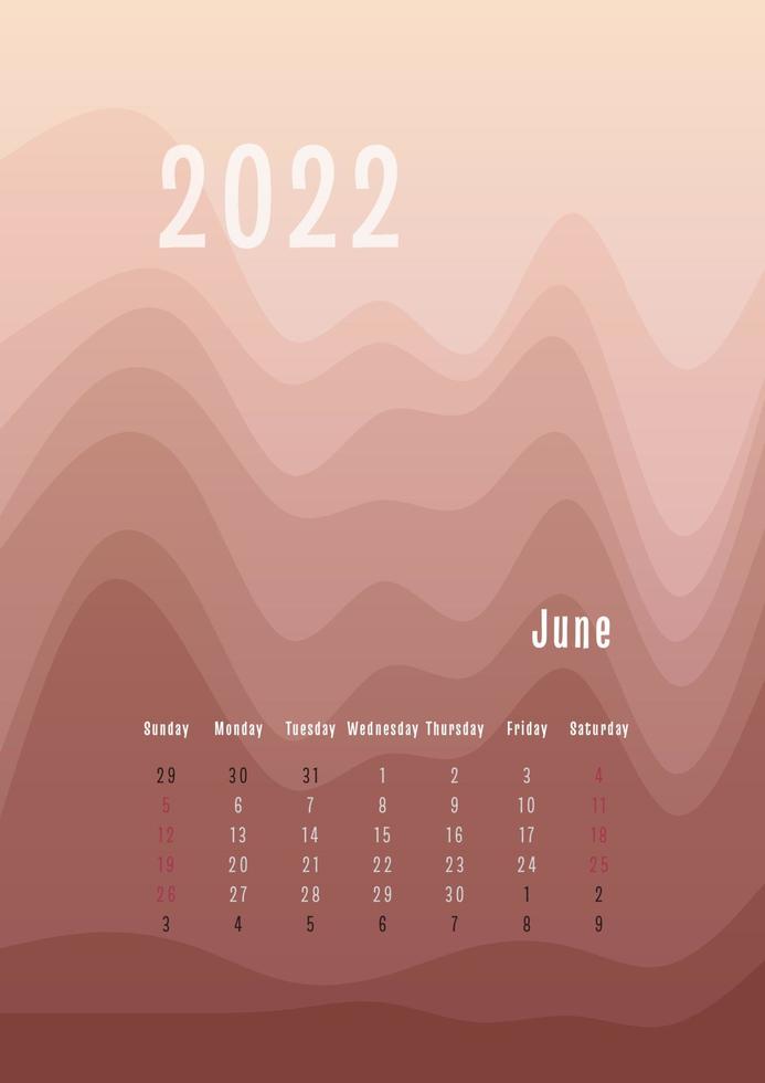 2022 june vertical calendar every month separately. monthly personal planner template. Peak silhouette abstract gradient colorful background, design for print and digital vector