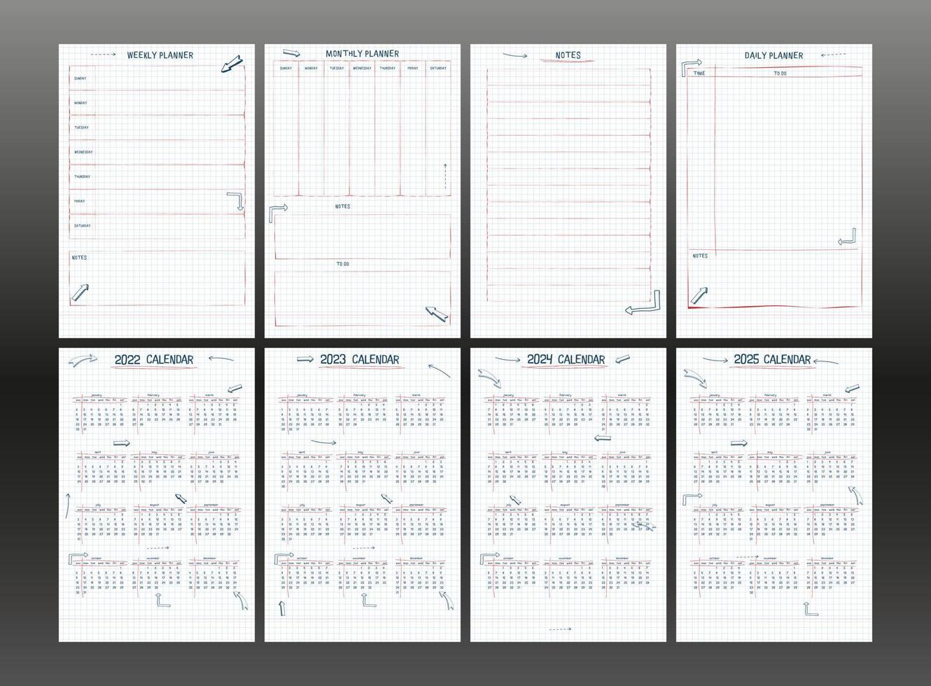 conjunto de planificador semanal de calendario 2022 2023 2024 2025 y lista de tareas pendientes. texto y elementos de tipo de fuente dibujados a mano, estilo de nota escolar, hoja de cuaderno a cuadros con flechas y marcos lineales. vector