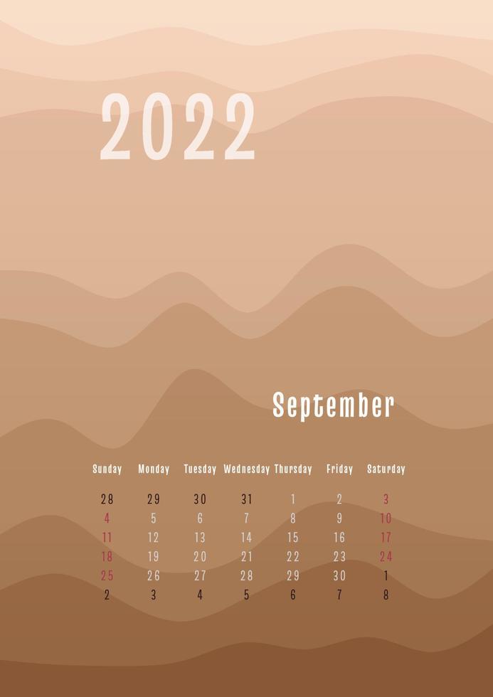 2022 september vertical calendar every month separately. monthly personal planner template. Peak silhouette abstract gradient colorful background, design for print and digital vector