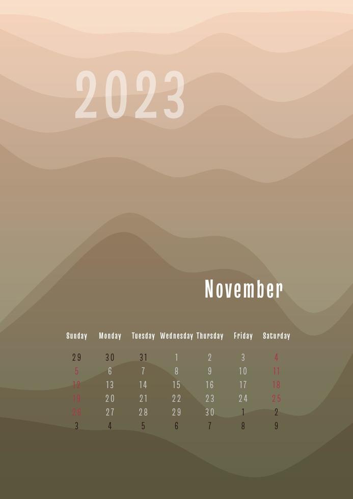 2023 november vertical calendar every month separately. monthly