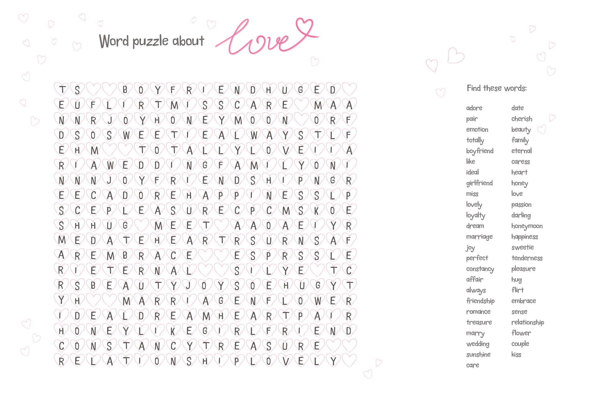 Valentine's day word puzzle crossword find the listed words about love in the brain work