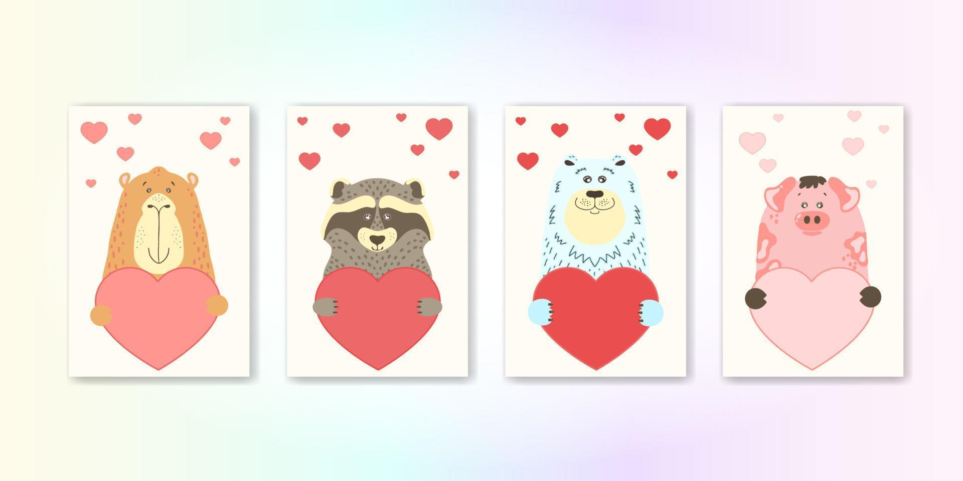 animal de dibujos animados lindo tiene un cartel de corazón con espacio de copia. Establecer folleto de volante de invitación de banner de tarjeta de felicitación de San Valentín. estilo dibujado a mano de dibujos animados. animalitos mascotas enamoradas, declaración de amor vector