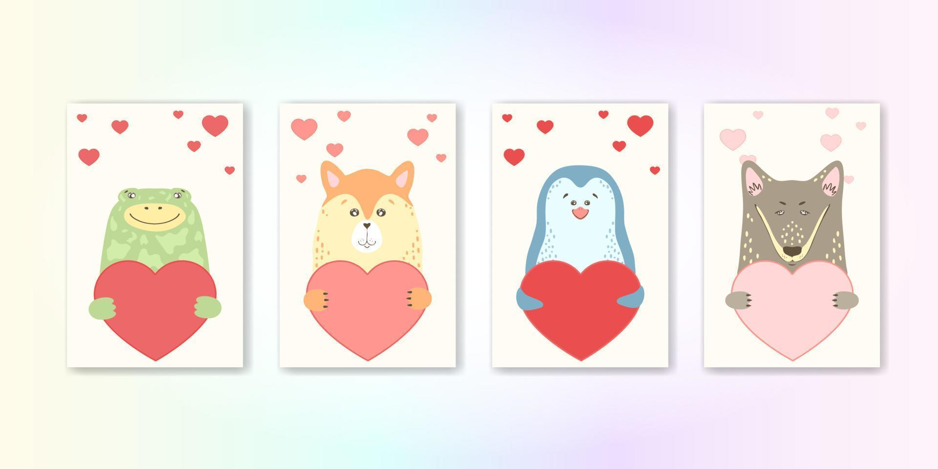 animal de dibujos animados lindo tiene un cartel de corazón con espacio de copia. Establecer folleto de volante de invitación de banner de tarjeta de felicitación de San Valentín. estilo dibujado a mano de dibujos animados. animalitos mascotas enamoradas, declaración de amor vector