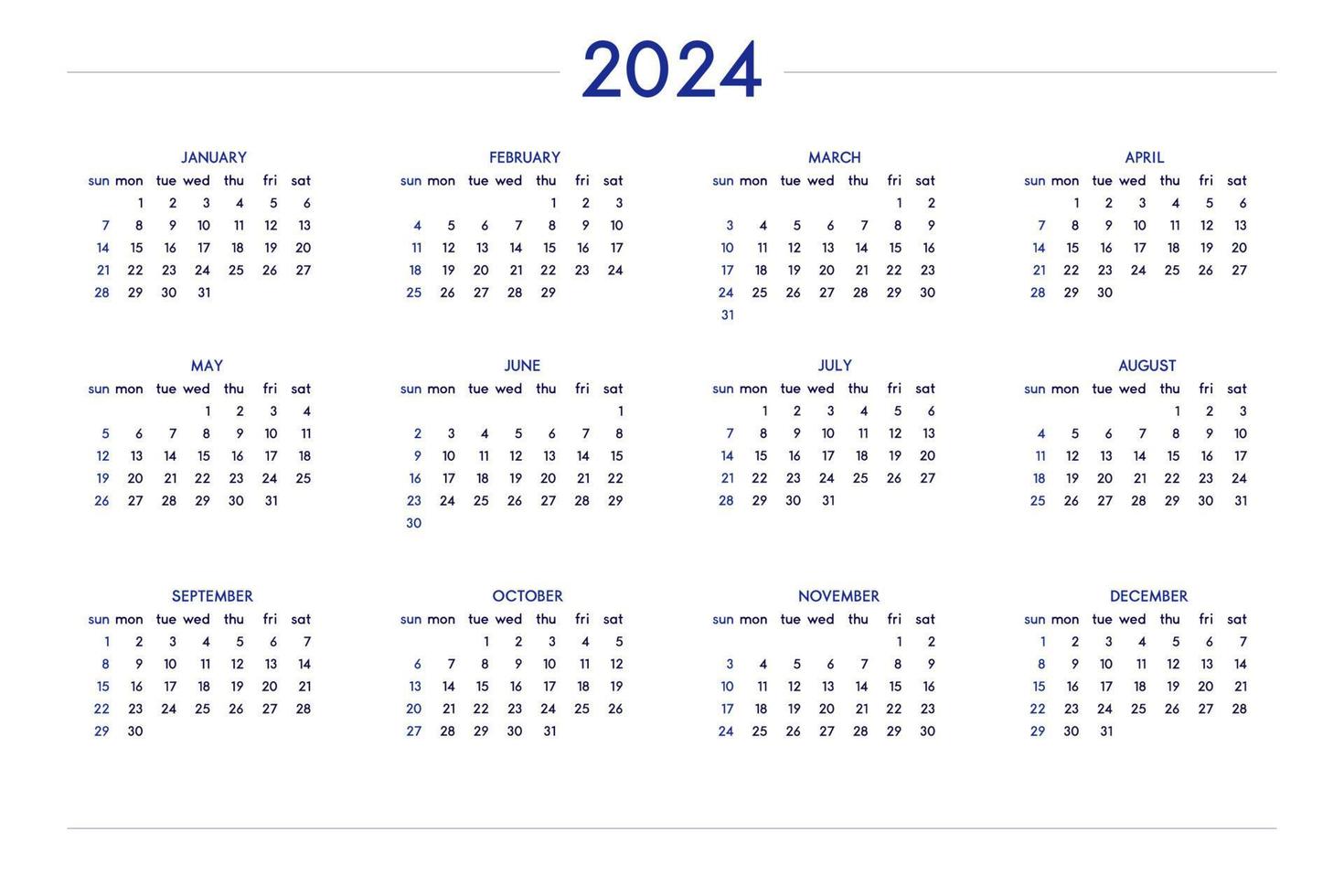 calendario 2024 año. la semana empieza el domingo. plantilla anual de  calendario inglés 2024. 5081041 Vector en Vecteezy