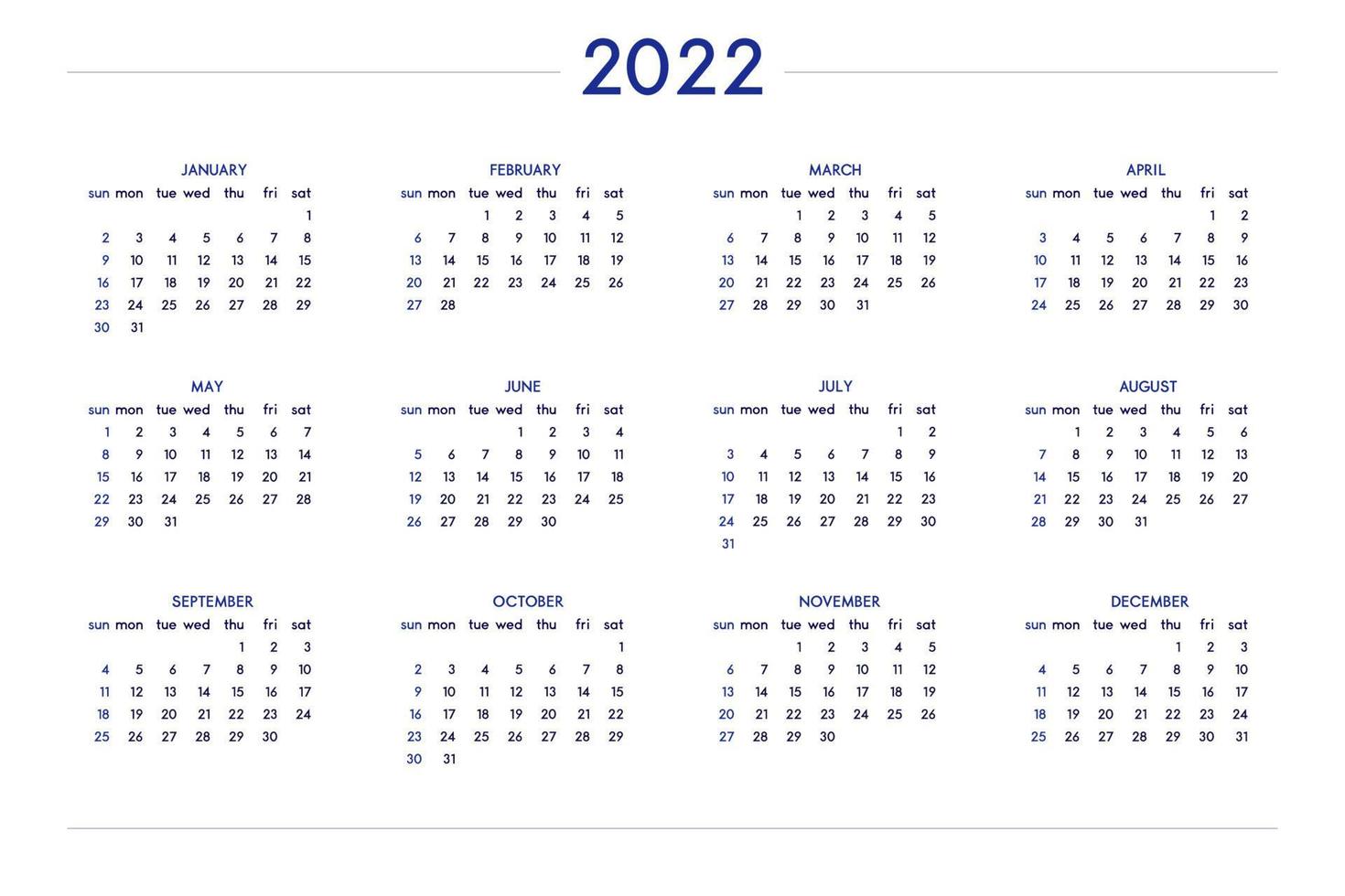 Calendario 2022 ambientado en un estilo estricto clásico. calendario de mesa de pared, diseño de negocio minimalista y restringido para cuaderno y planificador. la semana comienza el domingo vector