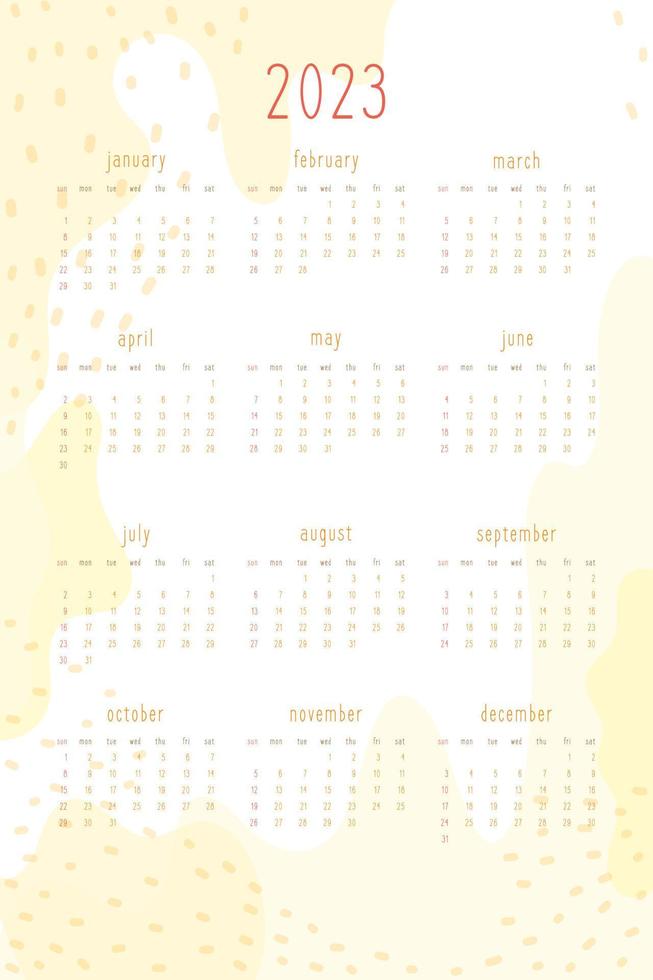 Calendario 2023 para planificador personal y cuaderno. puntos y puntos abstractos dibujados a mano de color amarillo cálido, delicado estilo tierno y lindo. la semana comienza el domingo vector