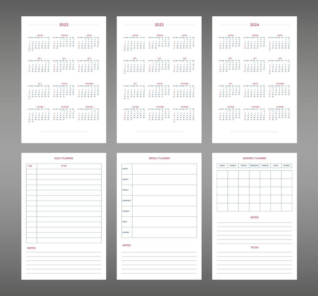 2022 2023 2024 2025 calendario diario semanal mensual planificador personal plantilla de diario en estilo estricto clásico. horario individual en un diseño comercial minimalista y sobrio. la semana comienza el domingo vector