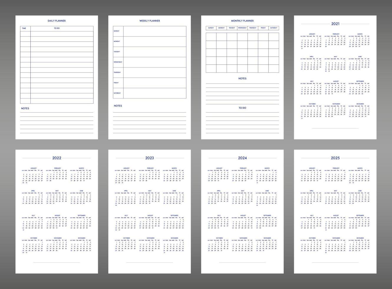 2022 2023 2024 2025 calendario diario semanal mensual planificador personal plantilla de diario en estilo estricto clásico. horario individual en un diseño comercial minimalista y sobrio. la semana comienza el domingo vector