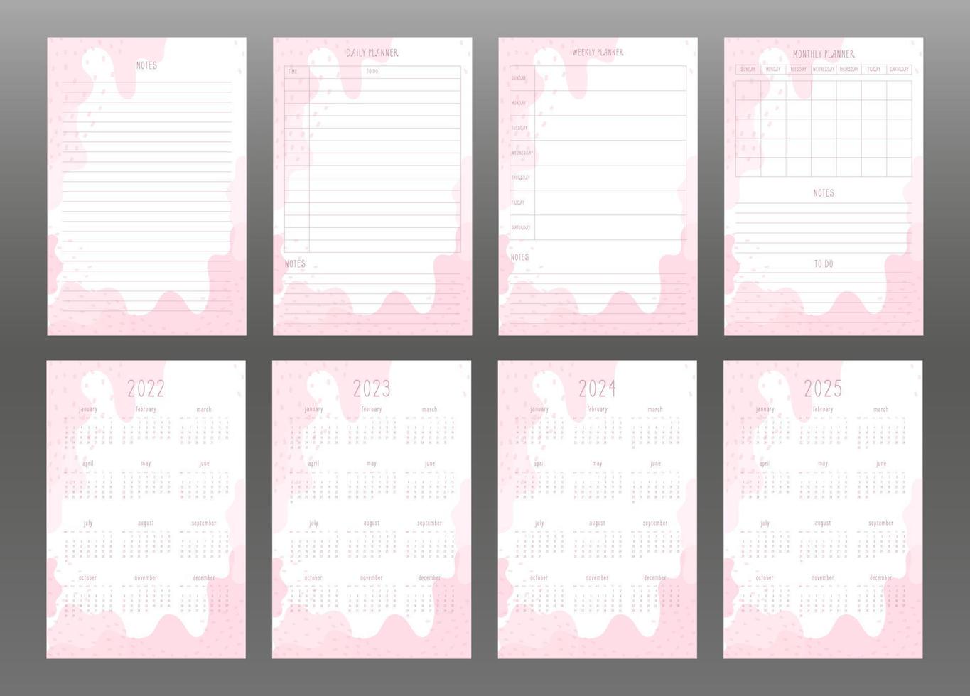 2022 2023 2024 2025 calendar and daily weekly monthly personal planner. Light pink abstract spots and dots, delicate feminine style. Week starts on sunday vector