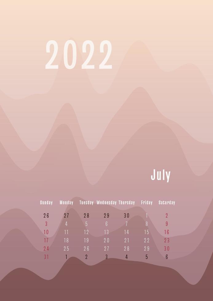 Calendario vertical julio 2022 cada mes por separado. plantilla de planificador personal mensual. pico silueta abstracta fondo colorido degradado, diseño para impresión y digital vector