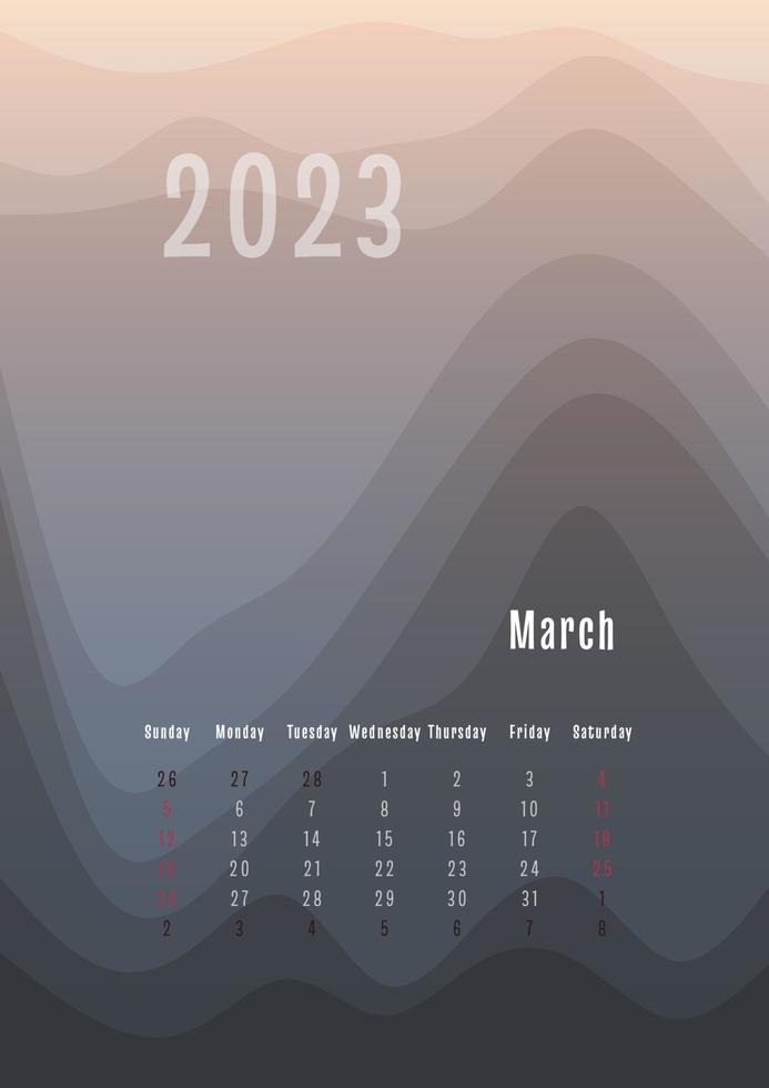 2023 march vertical calendar every month separately. monthly personal planner template. Peak silhouette abstract gradient colorful background, design for print and digital vector