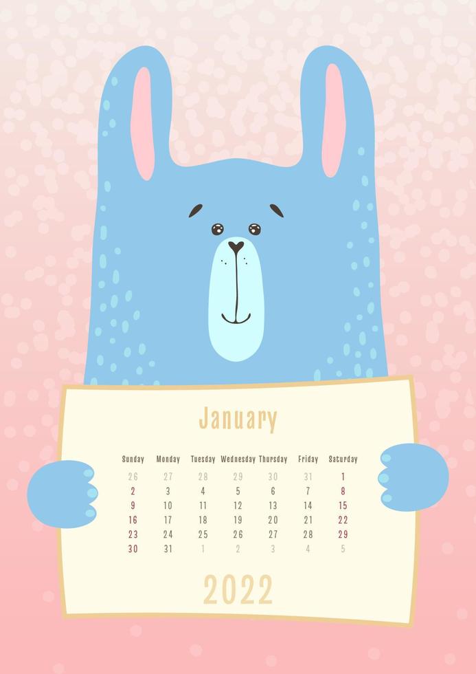 Calendario de enero de 2022, lindo animal de conejo liebre sosteniendo una hoja de calendario mensual, estilo infantil dibujado a mano vector