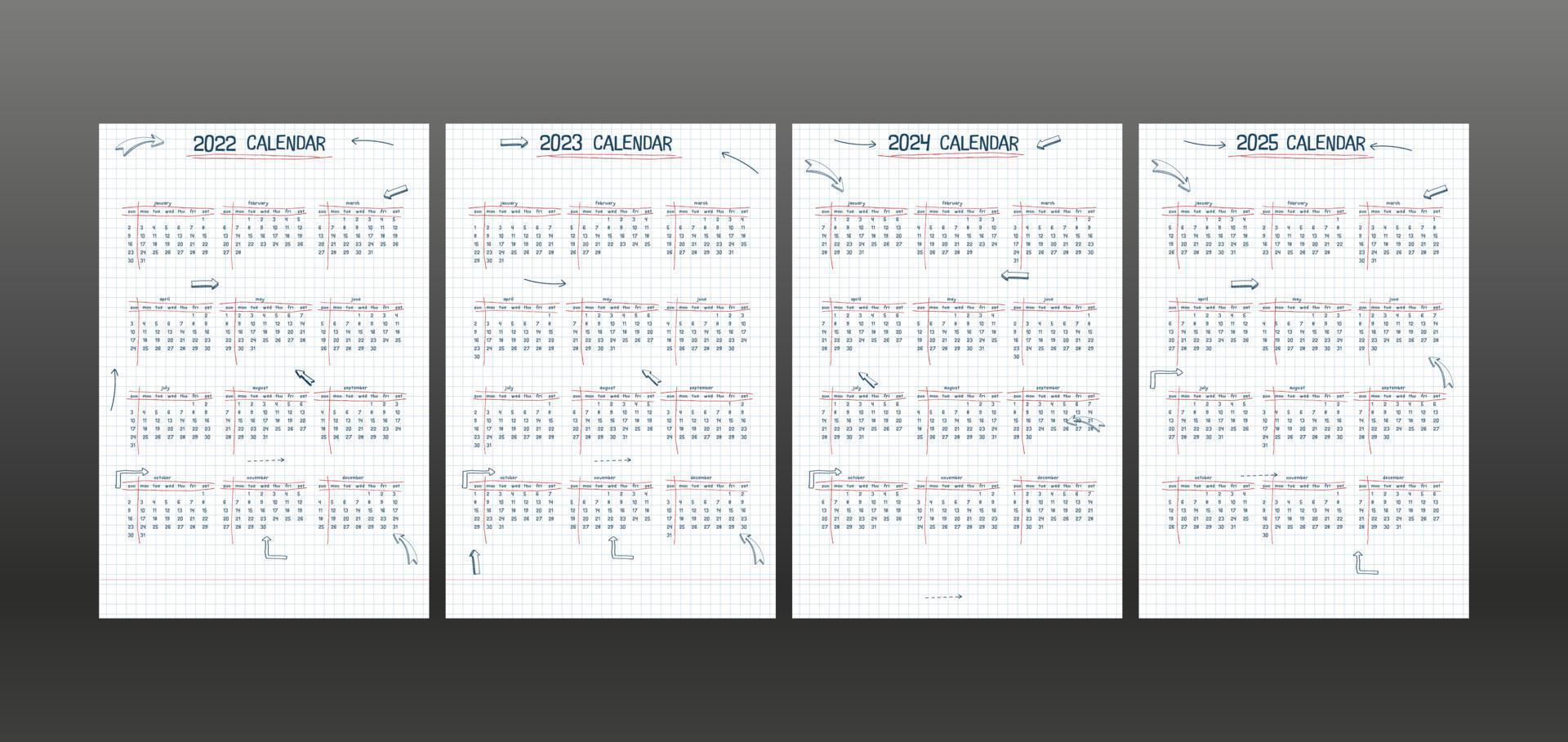 2022 2023 2024 2025 calendar weekly planner and to do list. hand drawn font type text and elements, school note style, checkered notebook sheet with lineart arrows and frames. vector