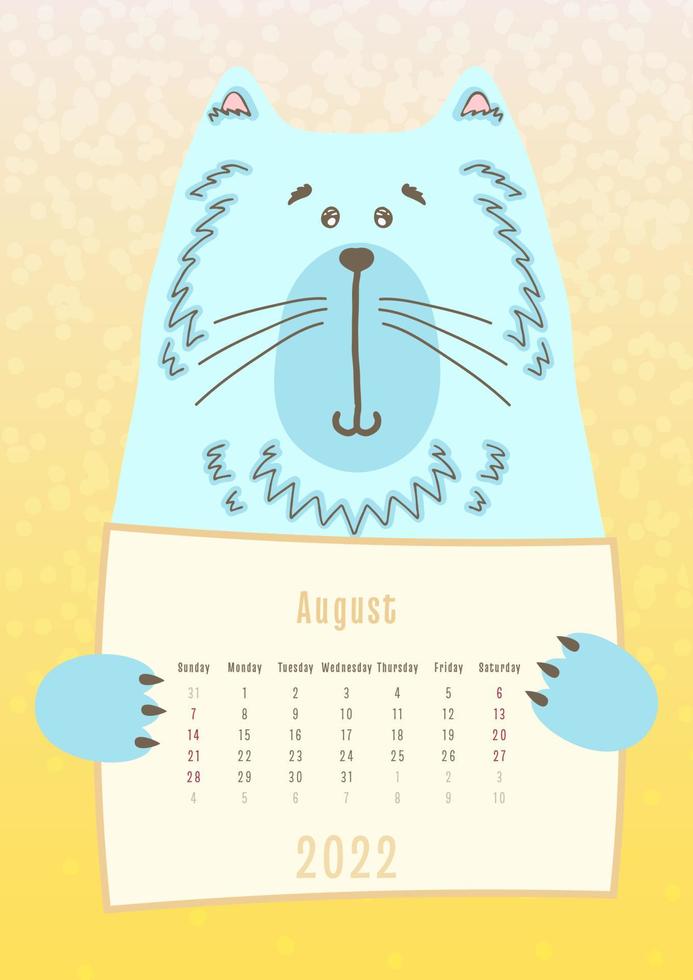 Calendario de agosto de 2022, lindo animal gato sosteniendo una hoja de calendario mensual, estilo infantil dibujado a mano vector
