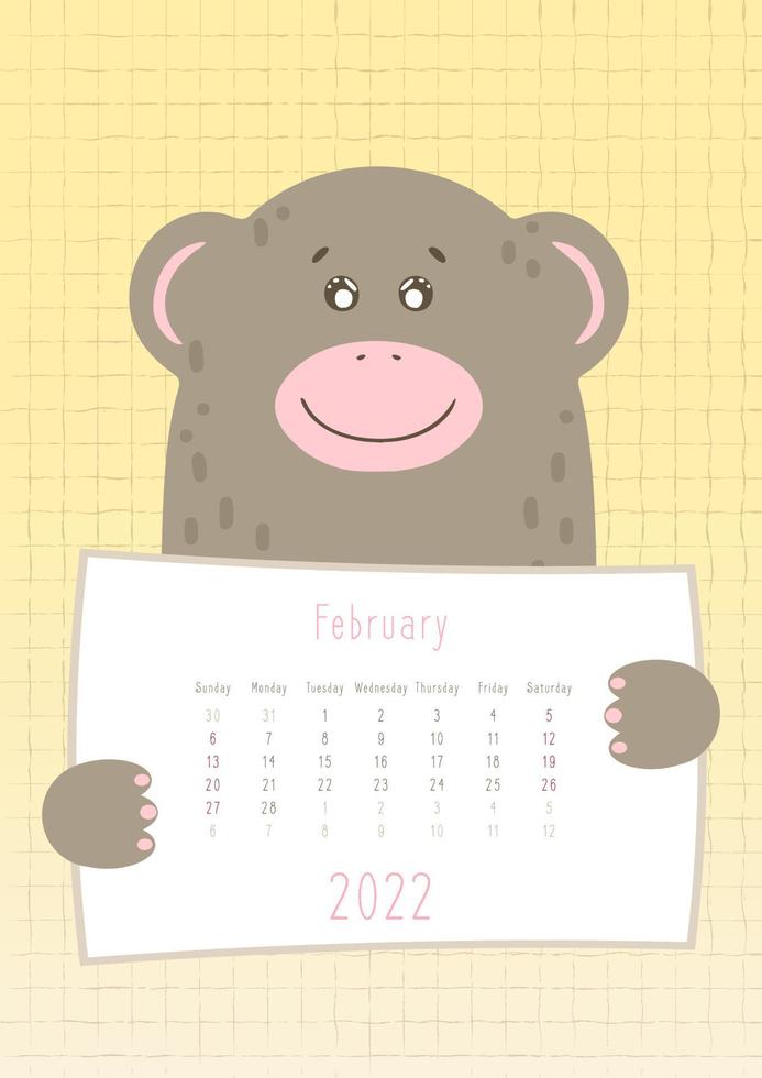 2022 february calendar, cute monkey animal holding a monthly calendar sheet, hand drawn childish style vector