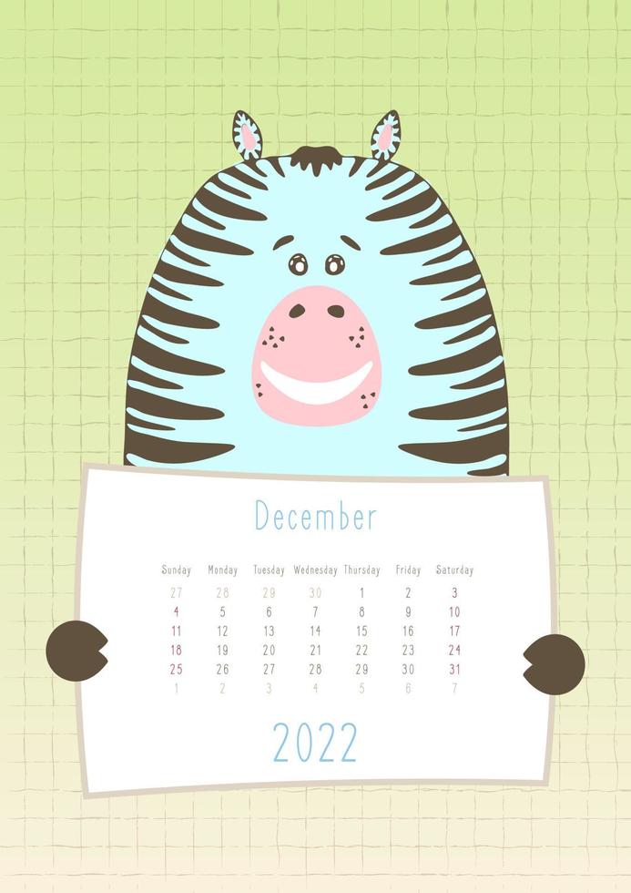 Calendario de diciembre de 2022, lindo animal cebra sosteniendo una hoja de calendario mensual, estilo infantil dibujado a mano vector