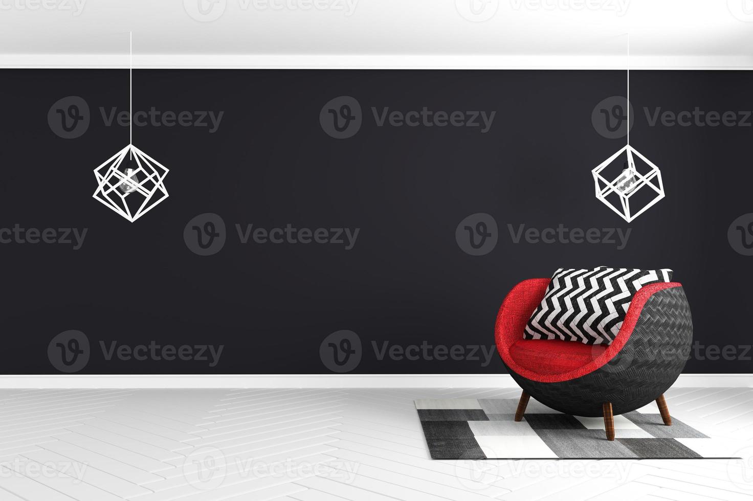 Fondo de pared negra en piso blanco brillante con sillón rojo y lámpara y alfombra de estilo moderno. Representación 3d foto
