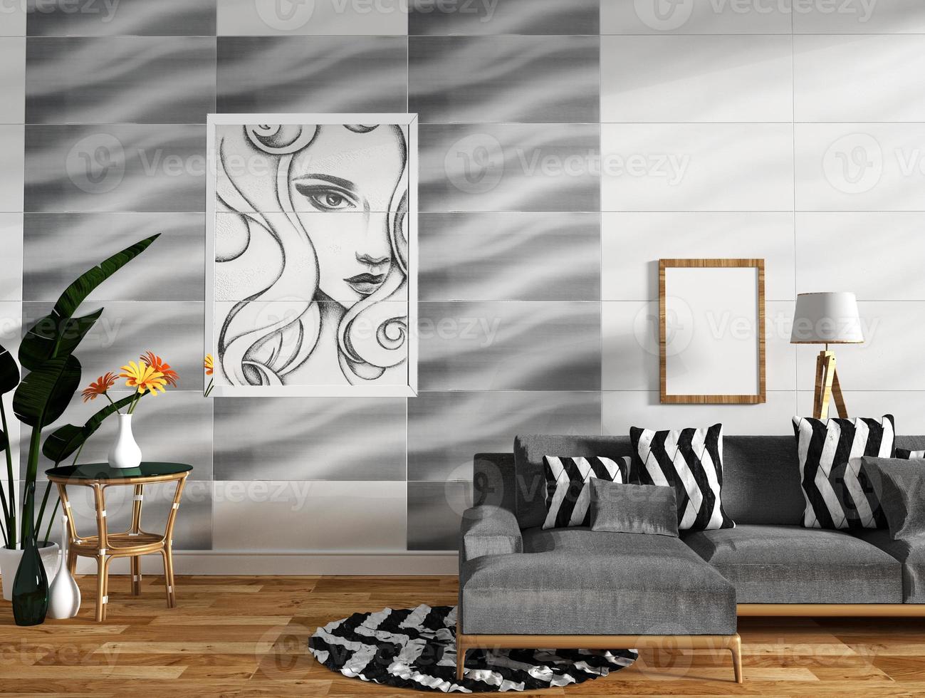 Interior moderno de la sala de estar con decoración de sofás y plantas verdes en el diseño de la pared de azulejos, diseños mínimos, renderizado 3d foto