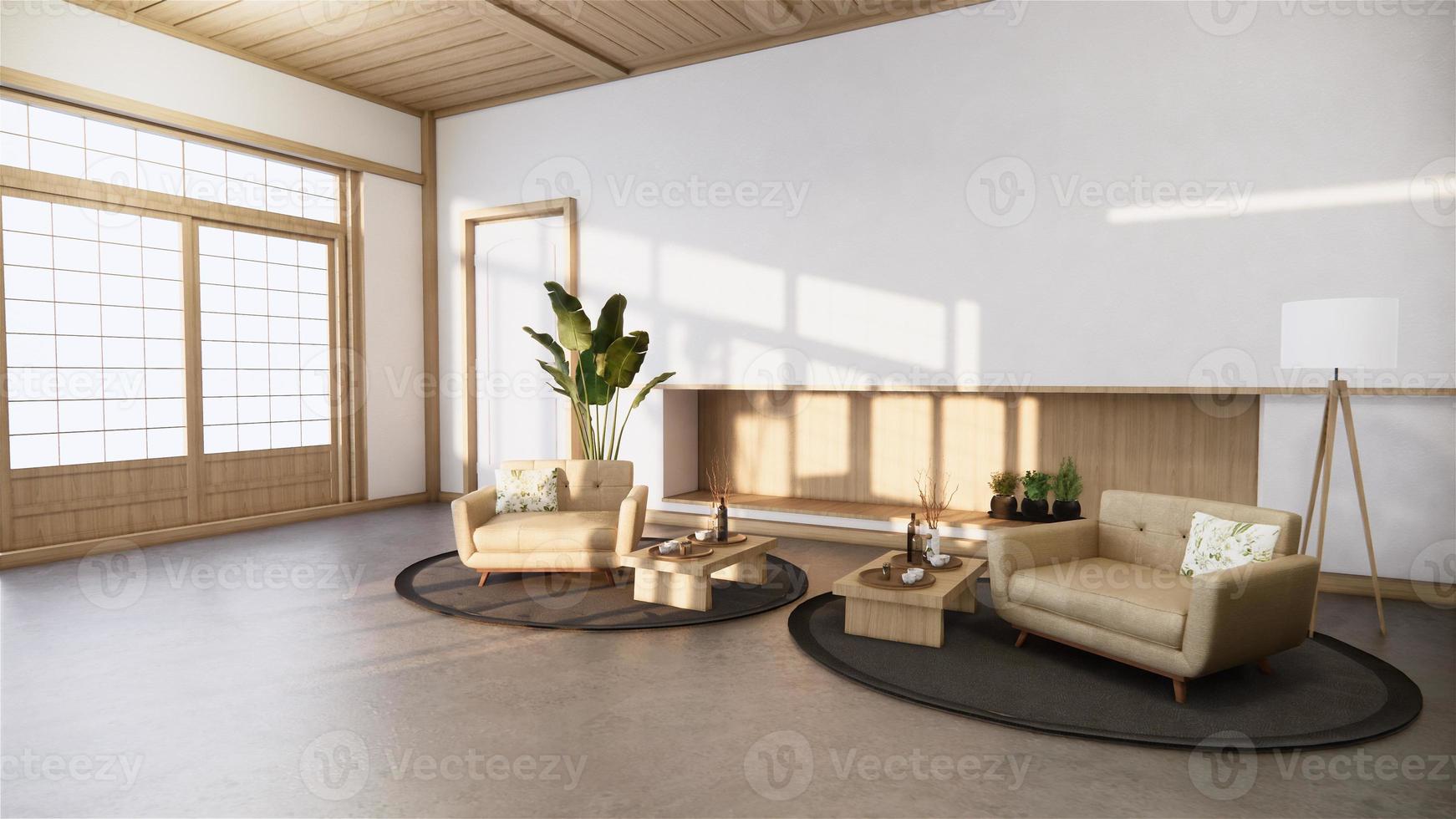 sala de estilo zen y decoración de diseño de madera, tono tierra representación 3D foto