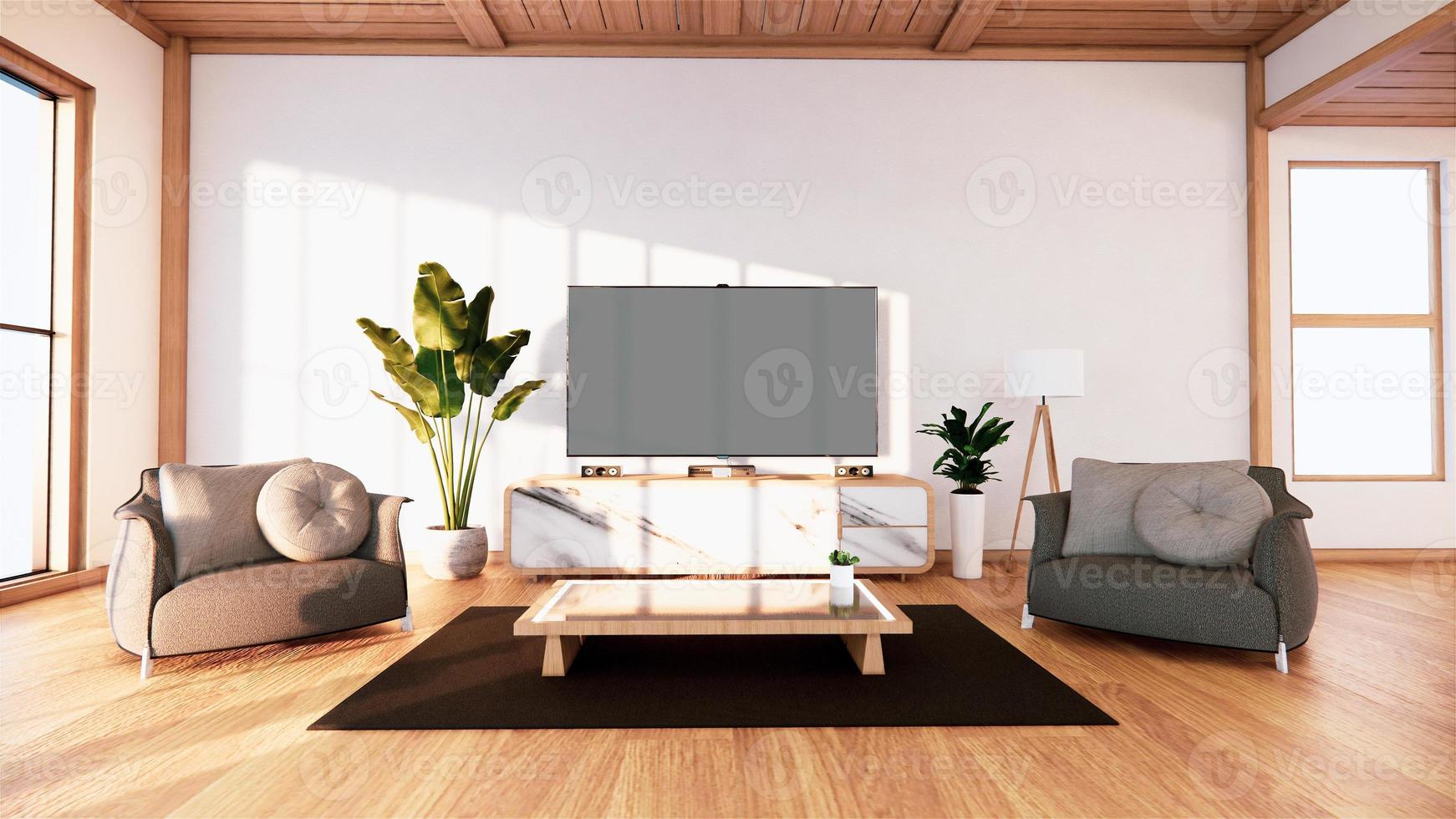 Mueble de tv en habitación tropical vacía estilo japonés - zen, diseños minimalistas. Representación 3d foto