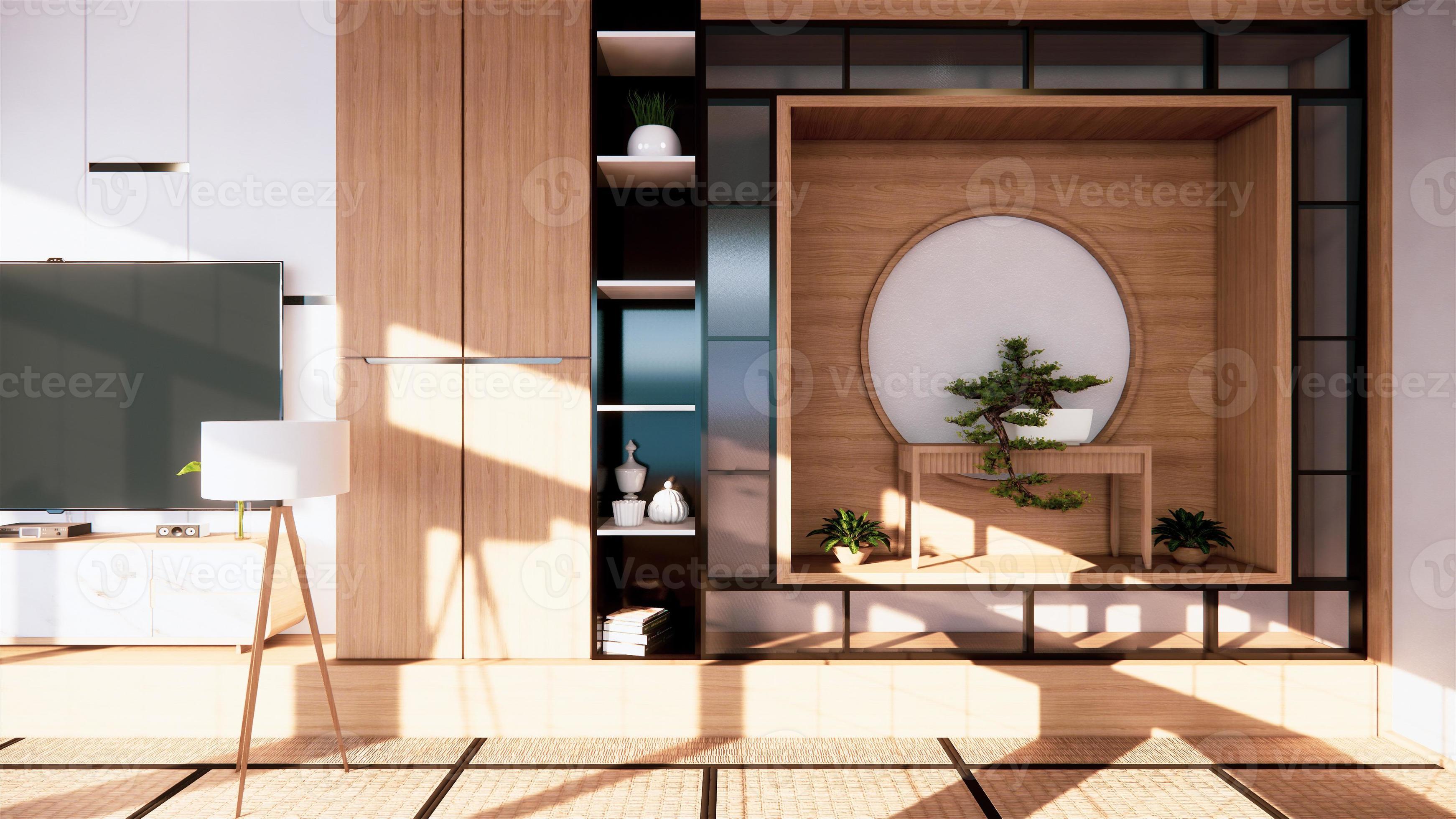 Shelf wall design zen interior of living room japanese style.3d