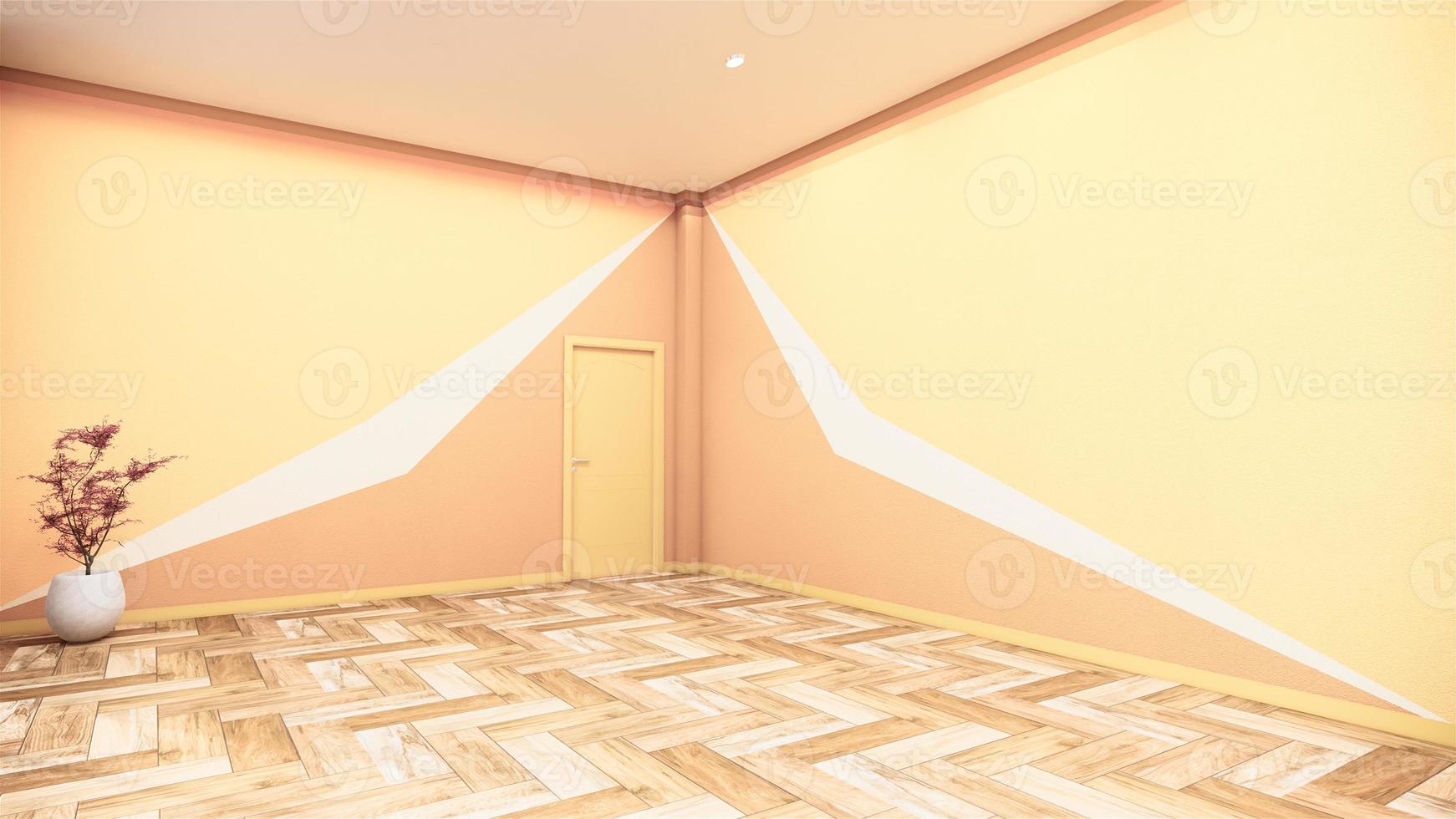 empty room with geometric wall design yellow orange and brown on woodenfloor. 3D rendering photo