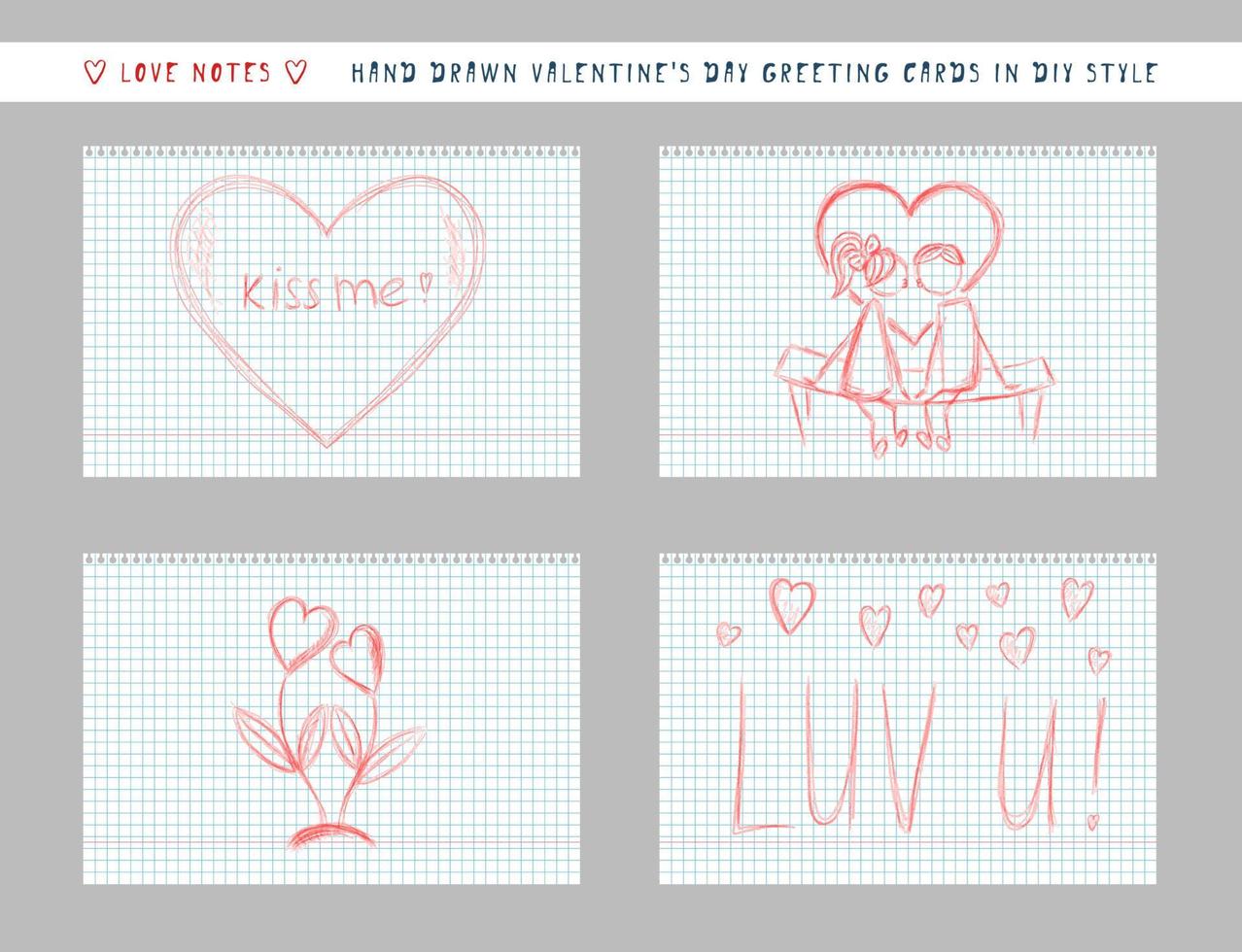 naive hand-drawn style cute valentine's day greeting card. handwritten love note message on checkered sheet. horizontal banner invitation flyer brochure card vector