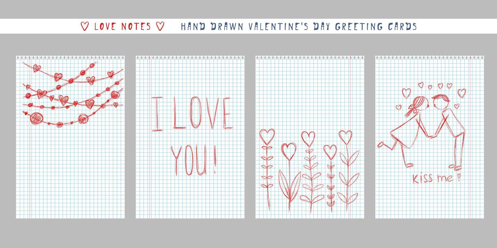 naive hand-drawn style cute valentine's day greeting card. handwritten love note message on checkered sheet. vertical banner invitation flyer brochure card vector