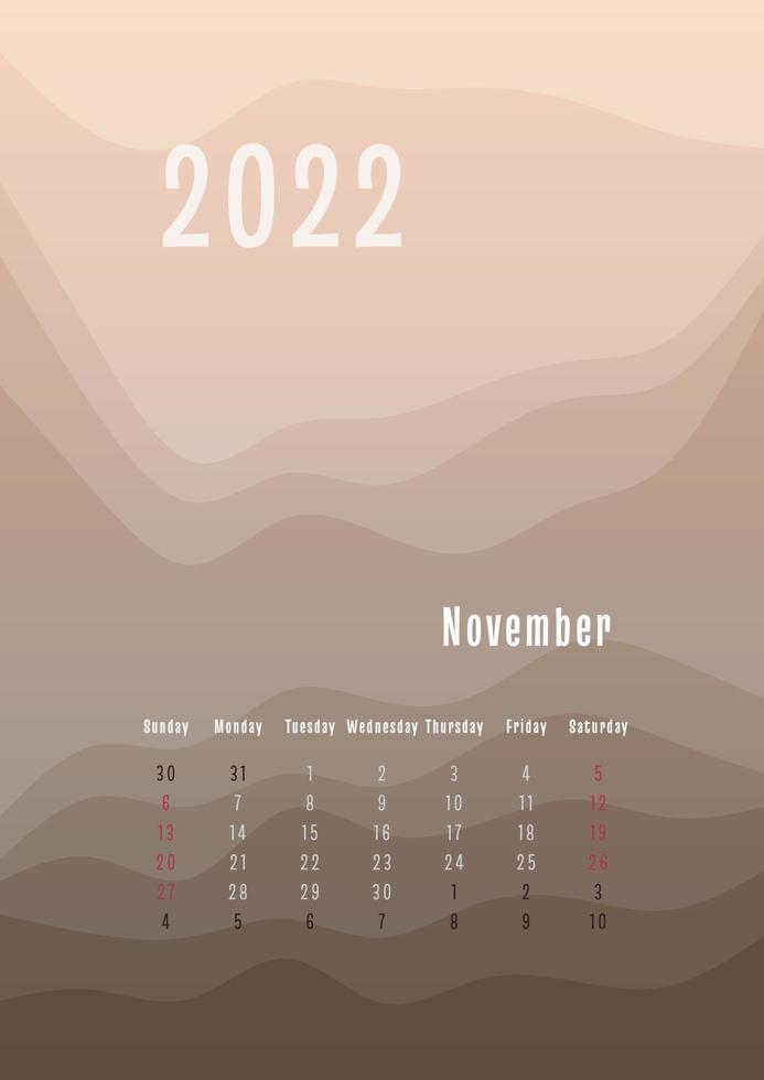 2022 november vertical calendar every month separately. monthly personal planner template. Peak silhouette abstract gradient colorful background, design for print and digital vector