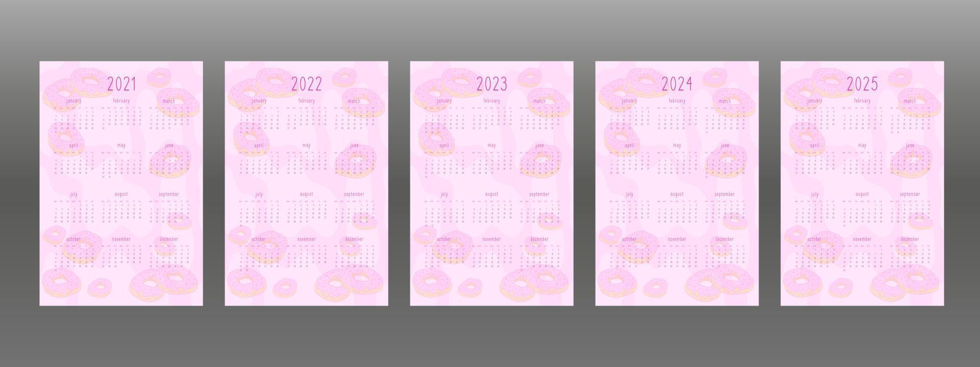 2021 2022 2023 2024 2025 calendario establecido para planificador personal y cuaderno. rosquillas rosadas con glaseado de crema, estilo infantil femenino de dibujos animados lindo. la semana comienza el domingo vector