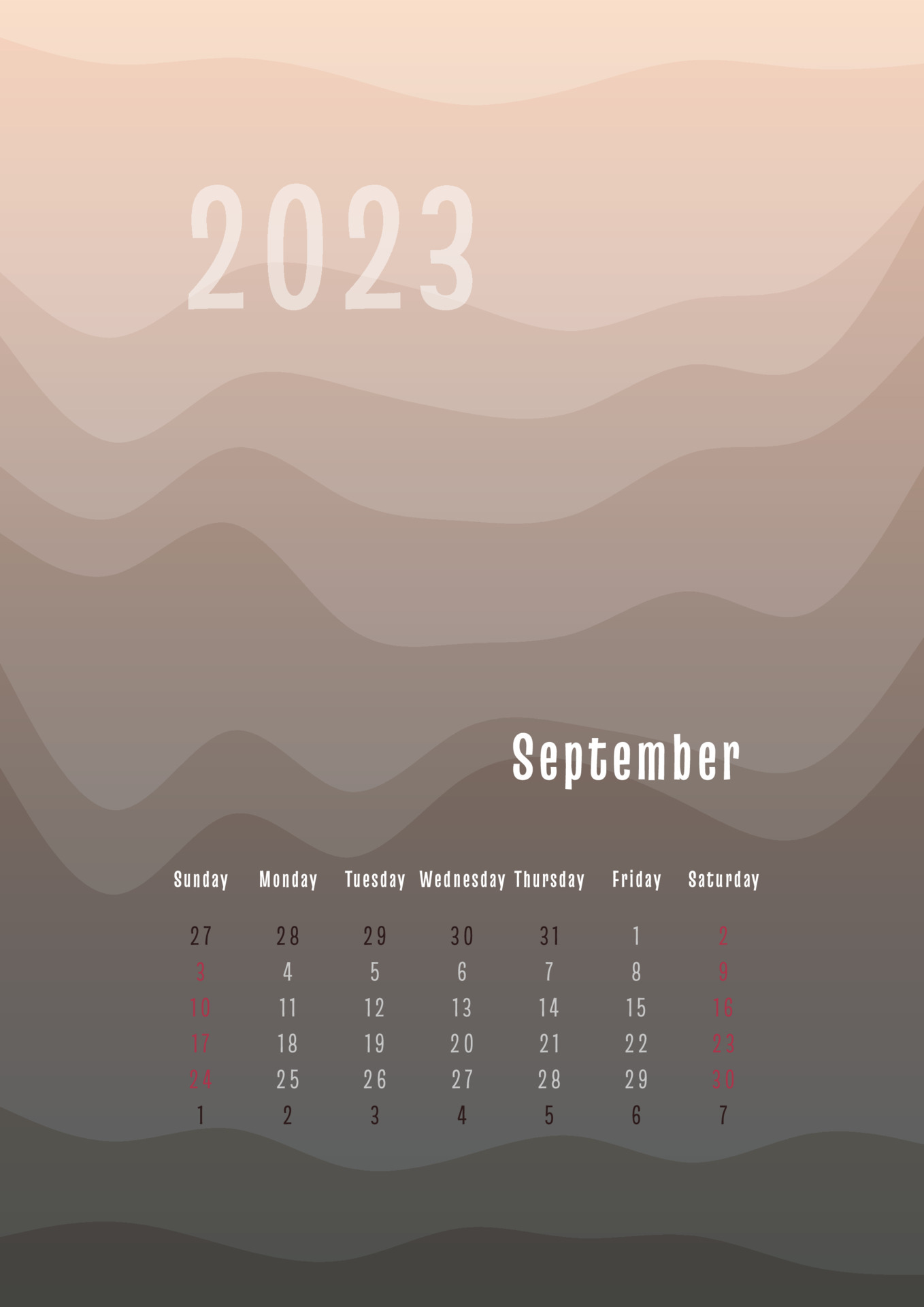 2023 september vertical calendar every month separately. monthly