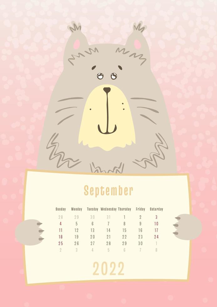 Calendario de septiembre de 2022, lindo animal gato sosteniendo una hoja de calendario mensual, estilo infantil dibujado a mano vector