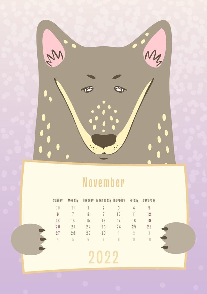 Calendario de noviembre de 2022, lindo animal perro lobo sosteniendo una hoja de calendario mensual, estilo infantil dibujado a mano vector