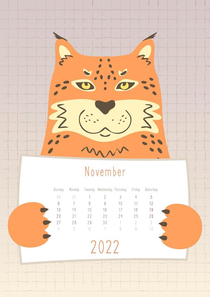 Calendario de noviembre de 2022, lindo animal de gato puma lynx sosteniendo una hoja de calendario mensual, estilo infantil dibujado a mano vector