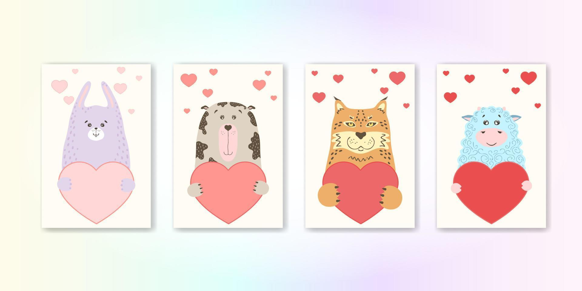 animal de dibujos animados lindo tiene un cartel de corazón con espacio de copia. Establecer folleto de volante de invitación de banner de tarjeta de felicitación de San Valentín. estilo dibujado a mano de dibujos animados. animalitos mascotas enamoradas, declaración de amor vector