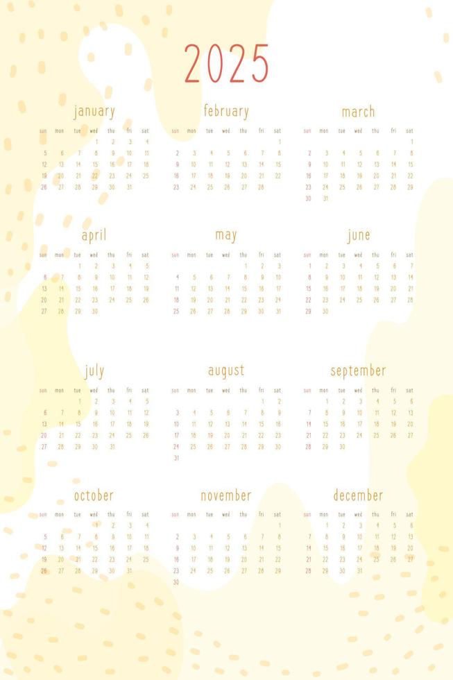 2025 calendar set for personal planner and notebook. Warm yellow hand drawn abstract spots and dots, delicate tender cute style. Week starts on sunday vector