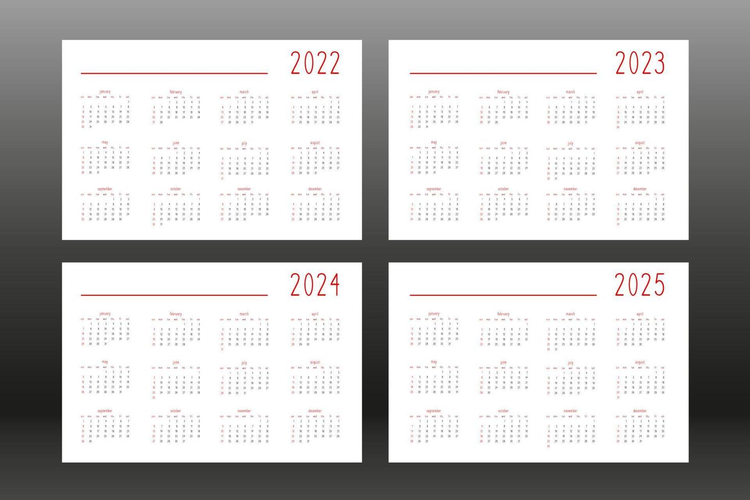 Calendario 2022 2023 2024 2025 para cuaderno diario de planificador personal, lindo estilo minimalista. calendario de programación individual para cuadernos. la semana comienza el domingo vector