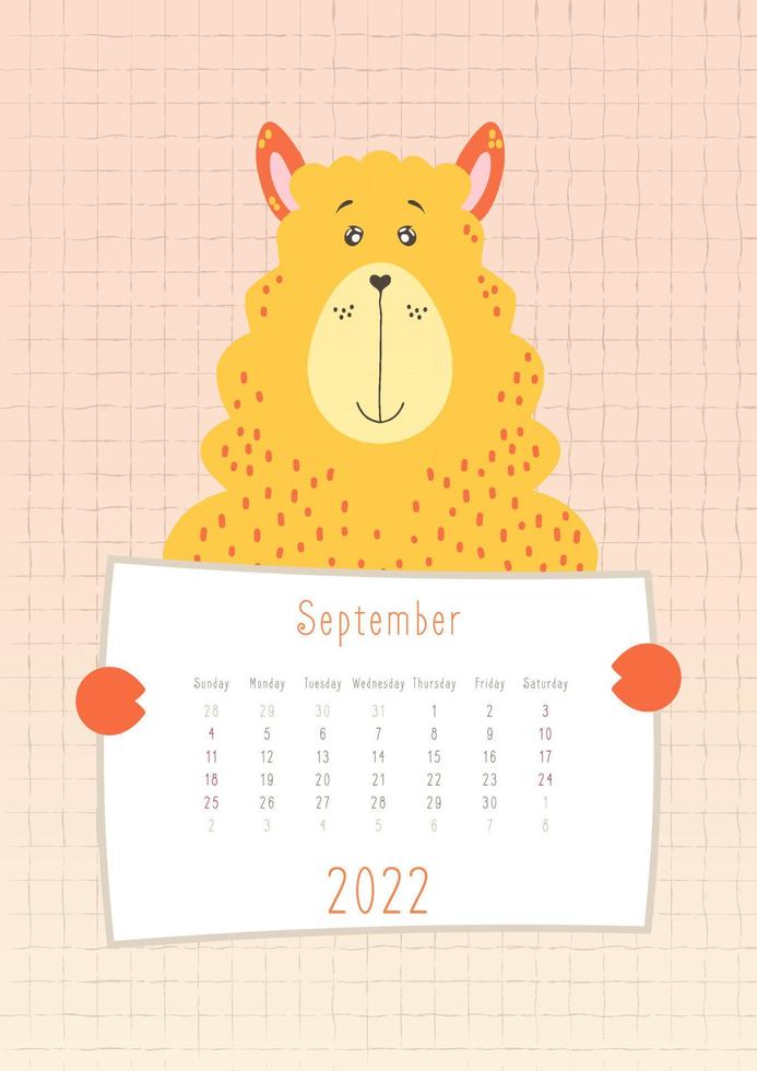 Calendario de septiembre de 2022, lindo animal de llama sosteniendo una hoja de calendario mensual, estilo infantil dibujado a mano vector