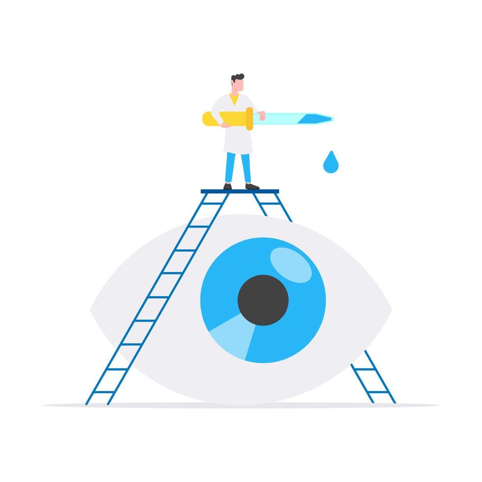 Healthcare medical science concept with tiny people doctors and eye drops to big eye vector illustration isolated on white background. Suitable for banners, web sites, cards.