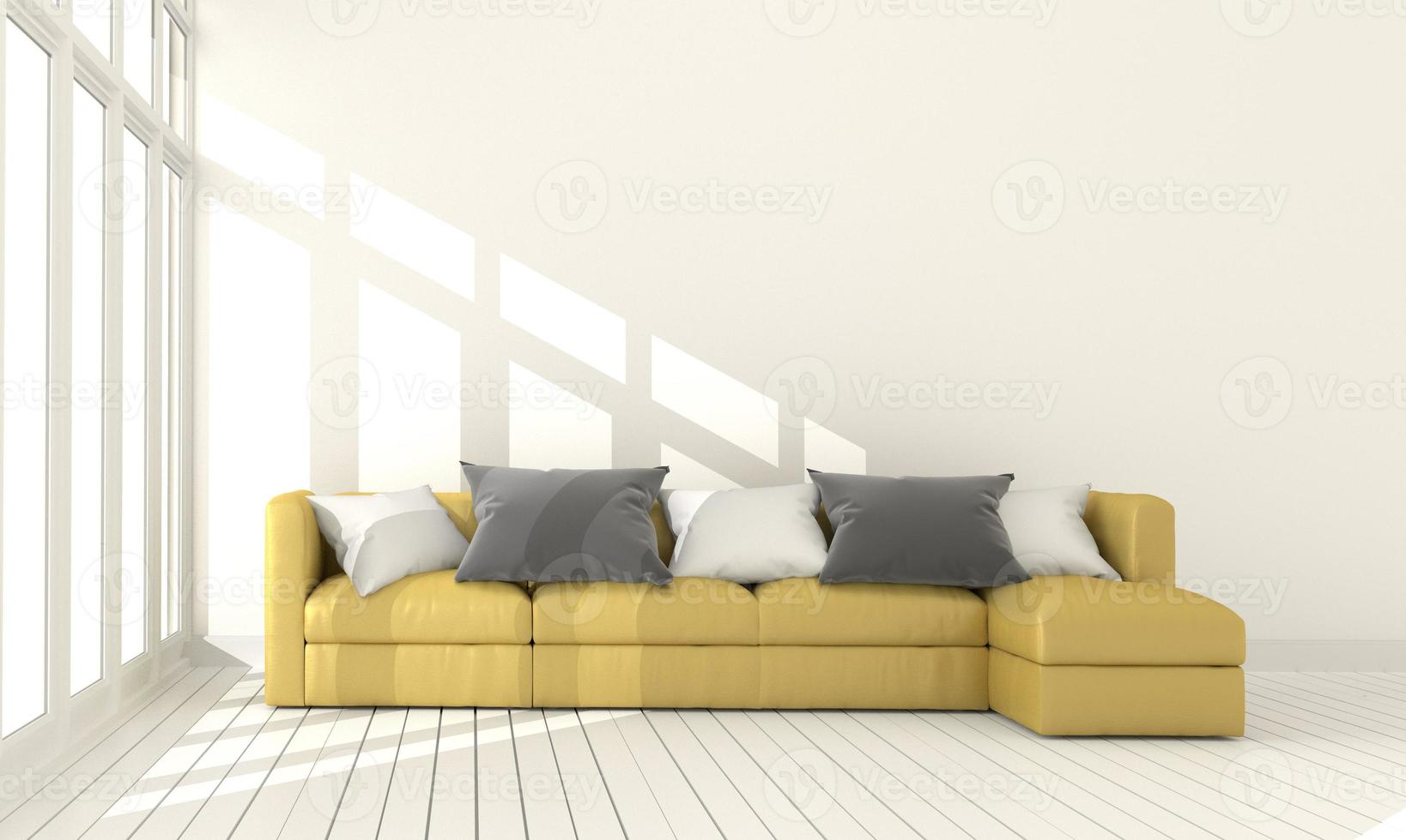 Yellow fabric sofa on empty white wall background.3d rendering photo