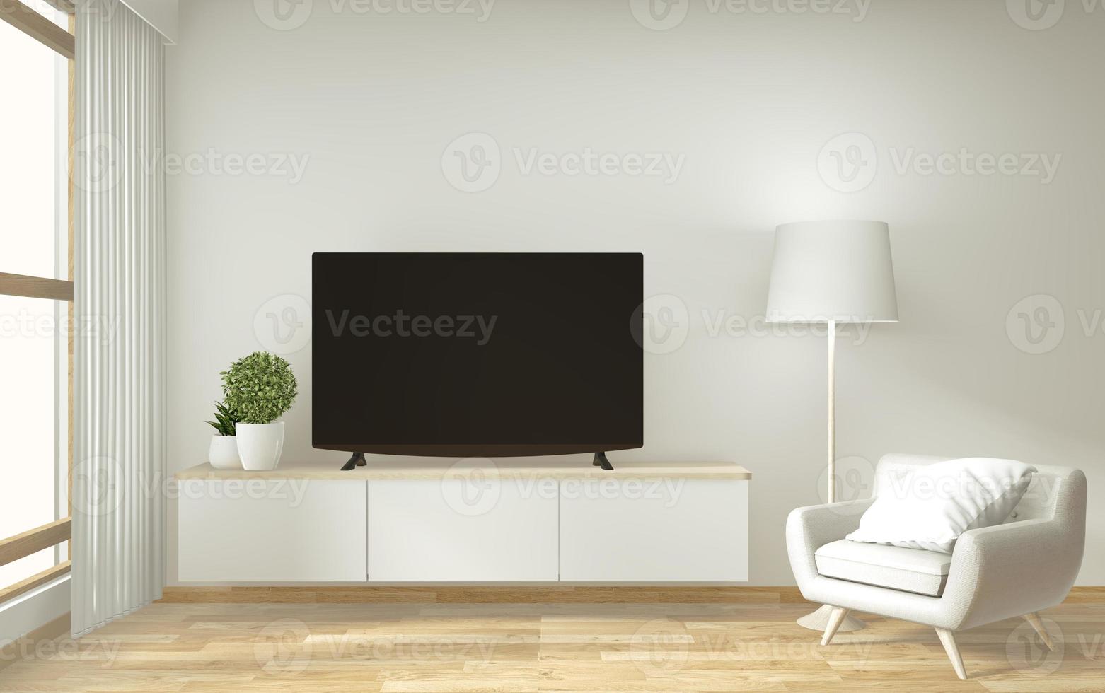 simulacro de mueble de televisión y pantalla con diseño minimalista y decoración de estilo japonés.Representación 3D foto