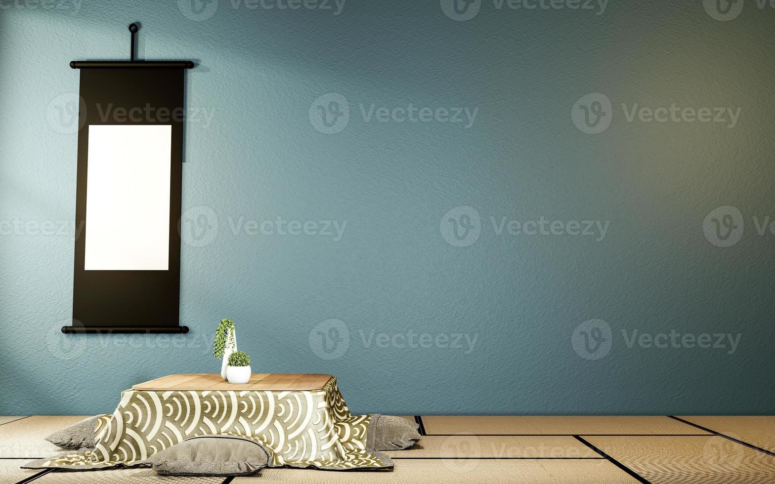 kotatsu low table and pillow ontatami mat, dark blue room japan and frame mock up photo