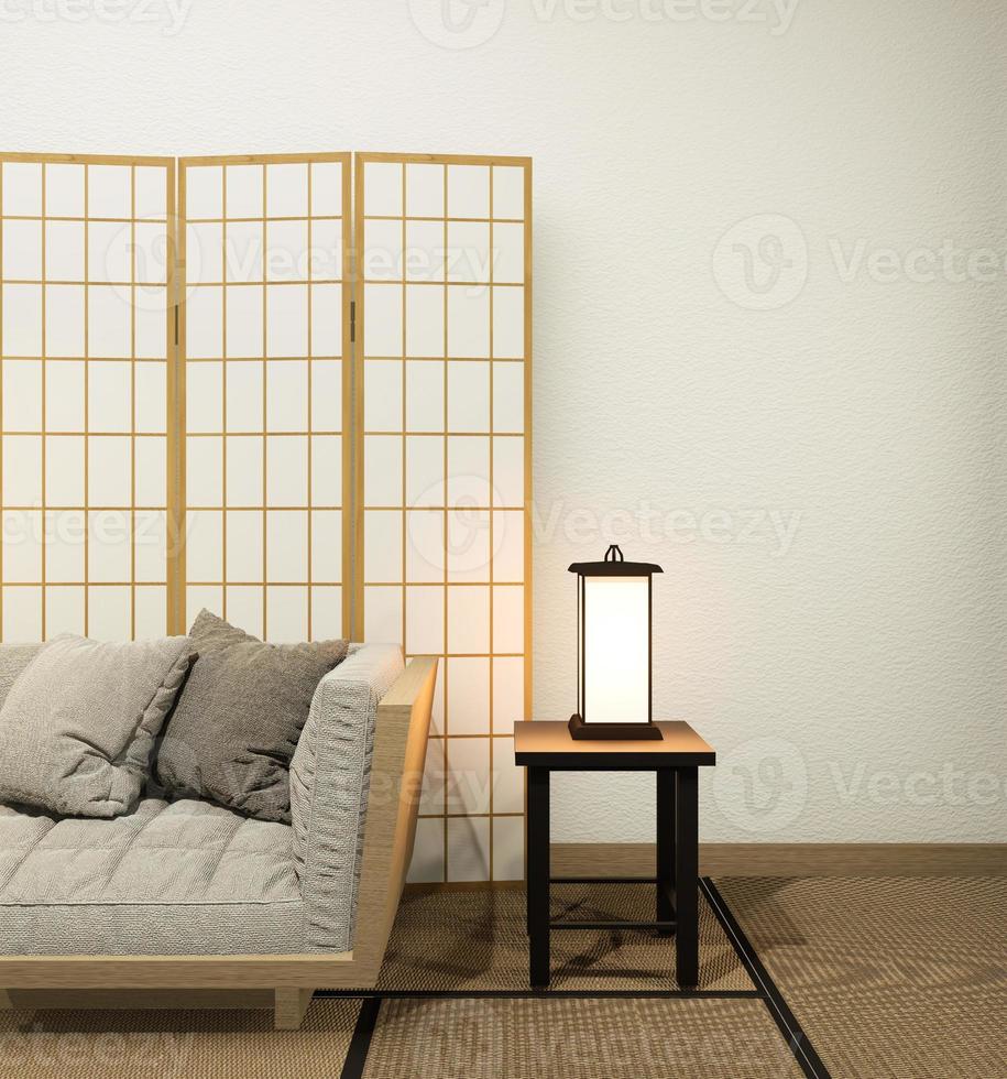 Interior con sofá de terciopelo sobre fondo de pared blanca vacía estilo japonés, representación 3d foto