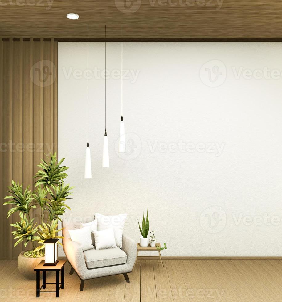 Diseño de interiores de habitación zen tropical blanca, estilo de japón de habitación de maqueta Representación 3D foto